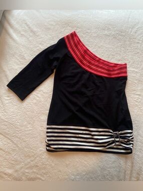 Karen Millen Asymmetrical Neckline and Black, Red & White Striped Hem